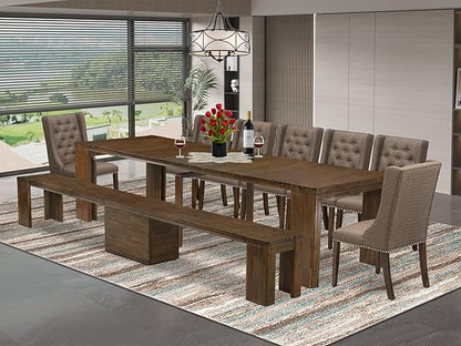 X07FO-B08-18 - 9 Pieces Dining Set Includes an Extendable Rectangle Kitchen Table, 7 Dining Chairs and 1 Modern Bench, 39x120 Inch, Antique Walnut