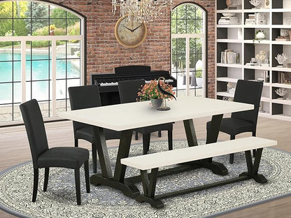 East West Furniture V627DR124-6 6 Piece Dinette Set Contains a Rectangle Dining Table with V-Legs and 4 Black Color Linen Fabric Parson Chairs with a Bench, 40x72 Inch, Multi-Color