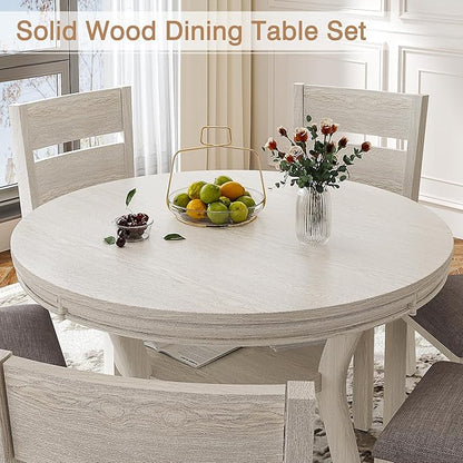 5-Piece Solid Wood Dining Table Set for 4, Round Kitchen Table Set with 4 Upholstered Chairs, Farmhouse Dining Sets for Kitchen, Dining Room, Rustic Grey
