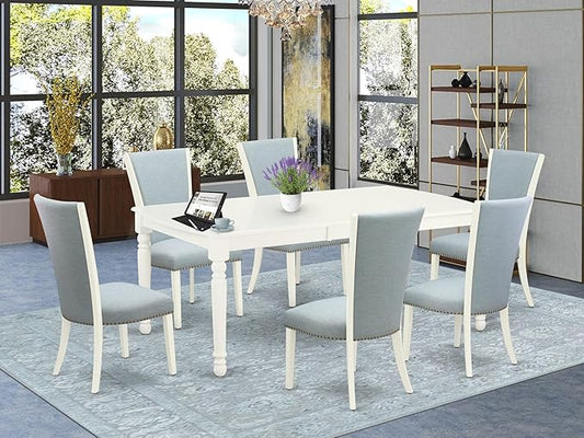East West Furniture DOVE7-LWH-15 7 Piece Dinette Set Consist of a Rectangle Dining Room Table with Butterfly Leaf and 6 Baby Blue Linen Fabric Parson Dining Chairs, 42x78 Inch, Linen White