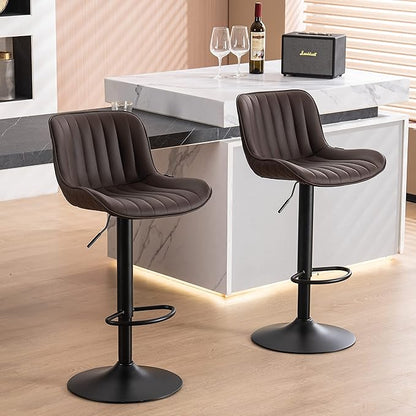 YOUNUOKE Counter Height Bar Stools Set of 2, Adjustable Swivel Stool Chairs with Back, Brown Faux Leather Upholstered, Mid-Century Modern Barstools for Kitchen Island, Dining Room, Home Bar, Bistro