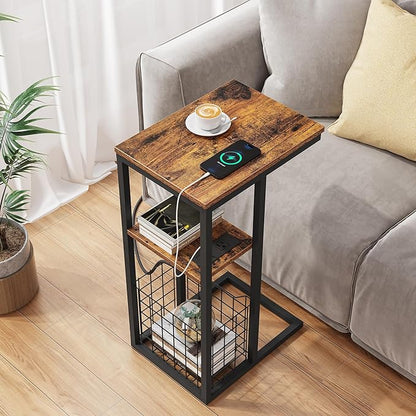 Vagusicc C Shaped End Table with Charging Station, Side Table for Couch, Small Side End Table for Small Spaces, 28" High Slide Under Sofa Table for Coffee, Tv Tray Table for Living Room, Rustic Brown