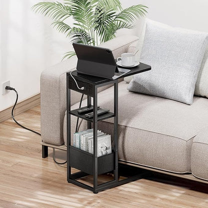 C Shaped End Table with Charging Station, Small Side Table for Couch Recliner, Slide Under Sofa Desk Snack Tables with Storage Bag & AC / USB Outlet, Small Spaces Drink Tables for Living Room, Bedroom