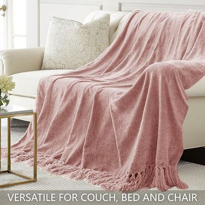 Chenille Throw Blanket for Couch 50"X 60", Soft Cozy Throws with Fringe Tassel for Bed Sofa Chair Cover, Lightweight Knitted Decorative Boho Blankets for Living Room, Dusty Pink