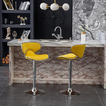 Roundhill Furniture Masaccio Velvet Upholstered Adjustable Swivel Barstool, Set of 2, Yellow