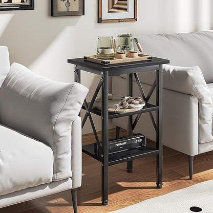 VECELO End Table, Bedside Table, 24" Tall Living Room End Tables, X-Design Reinforced Nightstands, Side Table with 3-Tier Storage Shelves for Small Spaces, Office, Bathroom, Bedroom, Classic Black