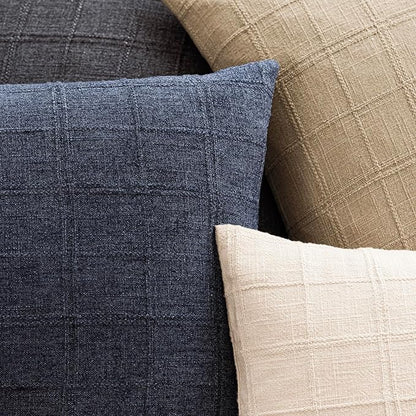 Foindtower Set of 2 Decorative Linen Check Throw Pillow Covers Neutral Farmhouse Vintage Cushion Covers Modern Boho Home Decor for Sofa Chair Couch Bedroom Living Room Outdoor,18×18 Inch,Navy Blue