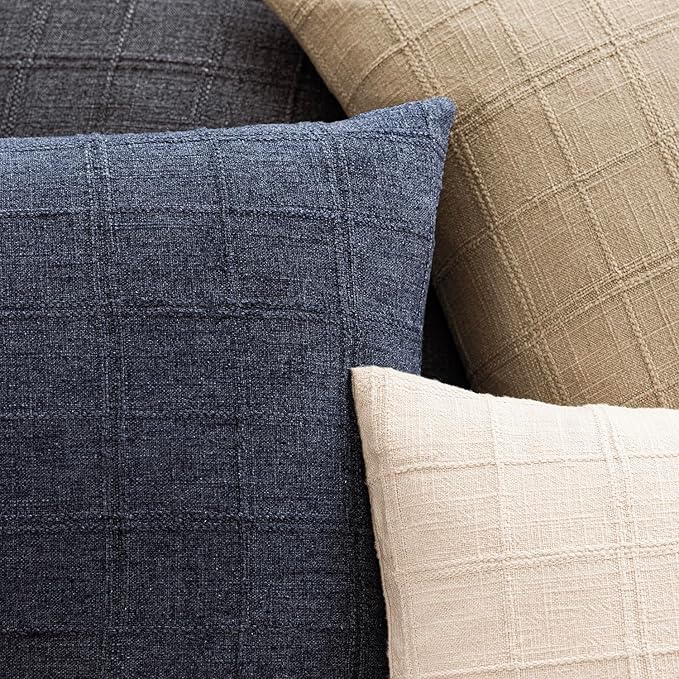 Foindtower Set of 2 Decorative Linen Check Throw Pillow Covers Neutral Farmhouse Vintage Cushion Covers Modern Boho Home Decor for Sofa Chair Couch Bedroom Living Room Outdoor,20×20 Inch,Navy Blue