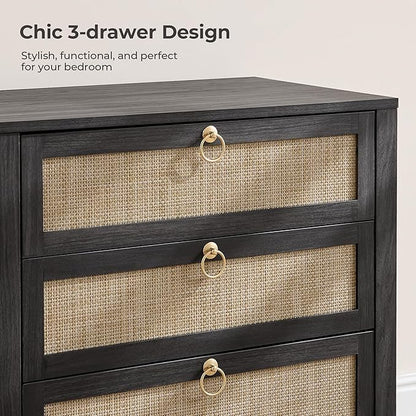 SICOTAS Night Stand with Drawers, Large Rattan Bedside Table with Golden Handle, 3 Drawers Nightstand Tall End Table Side Table Boho Nightstand for Bedroom