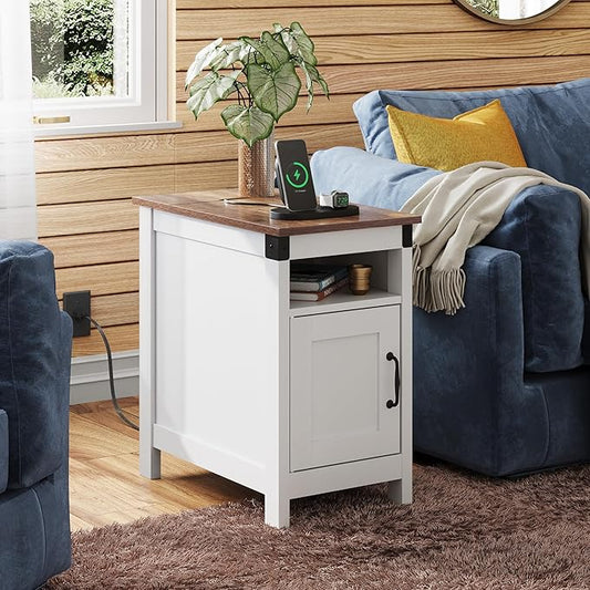 WLIVE White Farmhouse End Table for Living Room, Narrow Side Table with Charging Station, Night Stand with Storage, Small Wooden Cabinet with USB Ports and Outlets for Bedroom, White