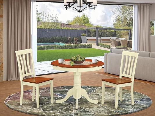 East West Furniture ANTI3-WHI-W 3 Piece Dining Table Set for Small Spaces Contains a Round Kitchen Table with Pedestal and 2 Dining Chairs, 36x36 Inch, Buttermilk & Cherry