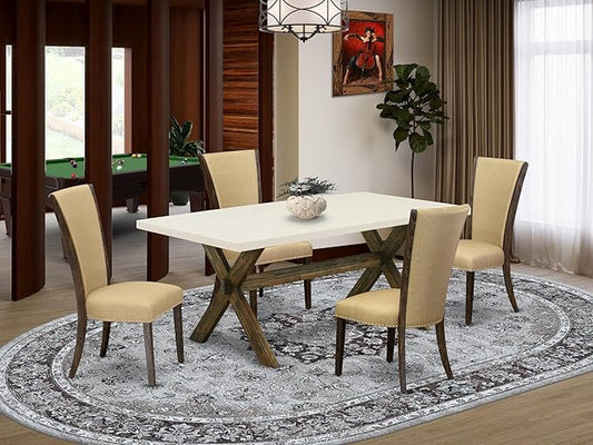 East West Furniture X727VE703-5 5 Piece Dinette Set for 4 Includes a Rectangle Dining Room Table with X-Legs and 4 Brown Linen Fabric Upholstered Parson Chairs, 40x72 Inch, Multi-Color
