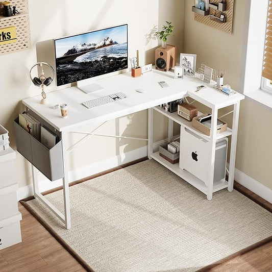 L Shaped Computer Desk with Reversible Shelves, 47 Inch Small Corner Desk with Storage Bag, Gaming Desk Computer Table Study Writing Desk for Home Office Small Space, White