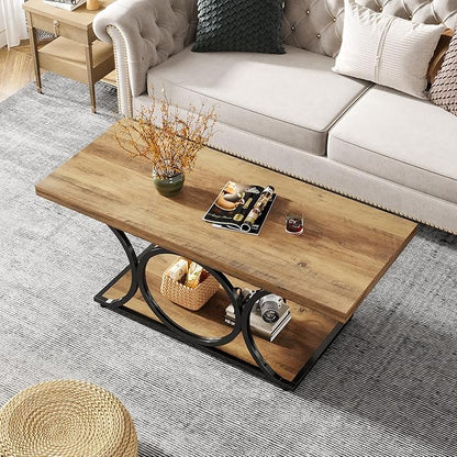 Tribesigns Rectangle Coffee Table, 47.24-inch Rustic Coffee Tables for Living Room, 2-Tier Farmhouse Wooden Coffee Table with Geometric Metal Legs, Home Furniture with Storage Shelf (Brown & Black)