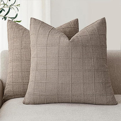Foindtower Set of 2 Decorative Linen Check Throw Pillow Covers Neutral Farmhouse Vintage Cushion Covers Modern Boho Home Decor for Sofa Chair Couch Bedroom Living Room Outdoor,26×26 Inch,Tan Taupe