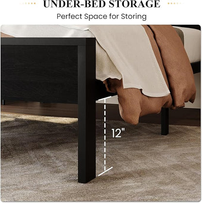 SHA CERLIN 14 Inch Twin Size Metal Platform Bed Frame with Wooden Headboard and Footboard, Mattress Foundation, No Box Spring Needed, Large Under Bed Storage, Heavy Duty Slats Support, Black Oak