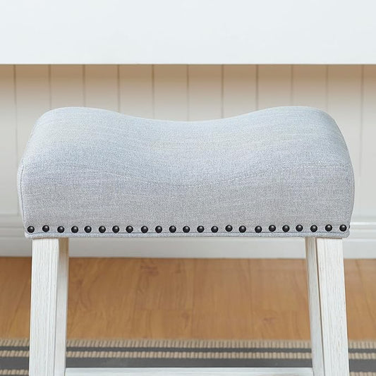 Roundhill Furniture Coco Upholstered Backless Saddle Seat Counter Stools 25.5" Height Set of 2, White-Wash Finish, Light Gray Fabric