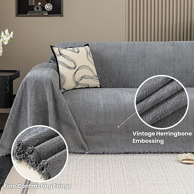 Nobildonna Sofa Cover Washable Soft Thicken Chenille Couch Cover with Tassel,Waterproof Sofa Slipcovers for 2 Cushion Couch,Loveseat,Futon Couch Furniture Protector Pet-Friendly,Dark Gray 71"x102"