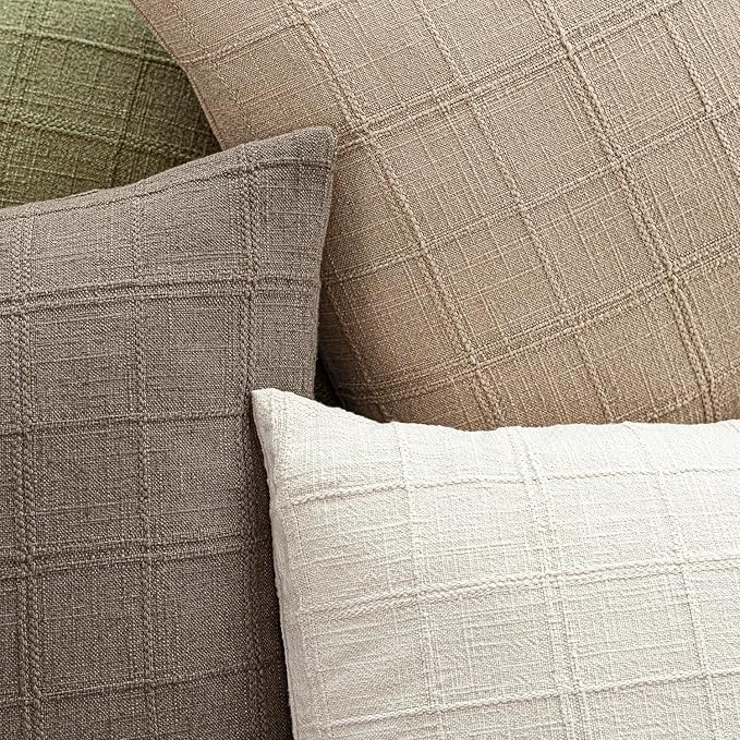 Foindtower Set of 2 Decorative Linen Check Throw Pillow Covers Neutral Farmhouse Vintage Cushion Covers Modern Coastal Boho Home Decor For Sofa Chair Couch Bedroom Living Room Outdoor,20×20 Inch,Camel