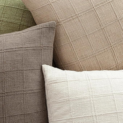 Foindtower Set of 2 Decorative Linen Check Throw Pillow Covers Neutral Farmhouse Vintage Cushion Covers Modern Coastal Boho Home Decor For Sofa Chair Couch Bedroom Living Room Outdoor,20×20 Inch,Camel