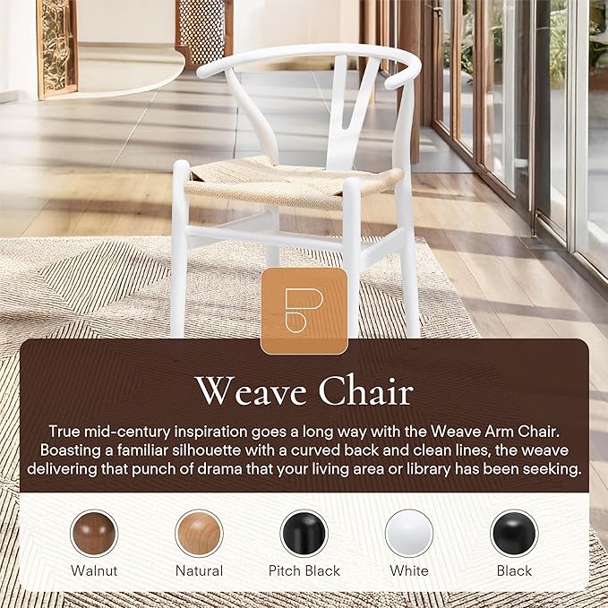POLY & BARK Weave Dining Chairs – Mid-Century Modern Wishbone Dining Chairs with Arms, Solid Wood Frame, Indoor Use – White – Set of 2 - Ideal for Dining Room, Kitchen or Stylish Accent Setting