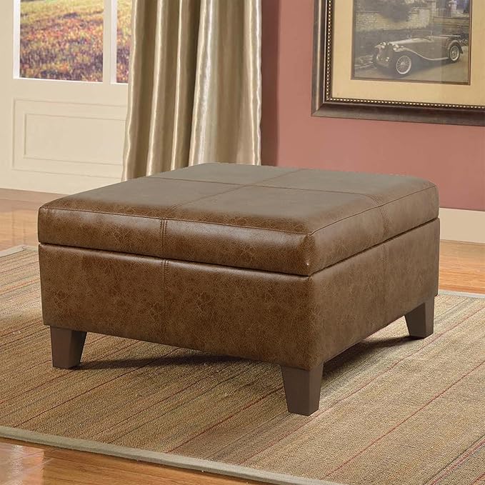 Homepop Home Decor | K2380-YDQY-2 | Luxury Large Faux Leather Square Storage Ottoman | Ottoman with Storage for Living Room & Bedroom, Brown
