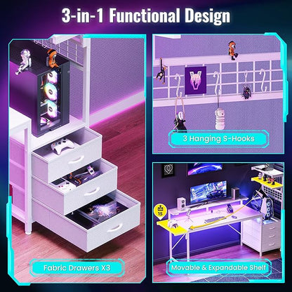 PRAISUN 61.7" Gaming Desk with LED Lights & Outlets, Computer Desk with 3 Fabric Drawers, PC Desk with PC Case Stand & Movable Storage Shelves, Monitor Stand, Reversible, White