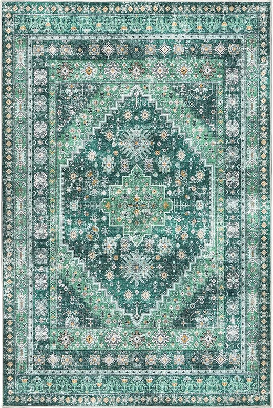 zesthome 5x7 Area Rugs - Ultra-Thin Washble Rug, Stain Resistant Anti Slip Backing Rugs for Living Room,Bedroom, Vintage Home Decor Area Rug(Green/Teal,5'x7')