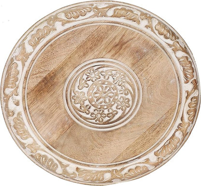 The Wooden Town Carved Wood Round End Table – 18" Accent Side Table for Living Room, White Washed Small Coffee Table, Handcrafted Altar Table, Solid Wood Design