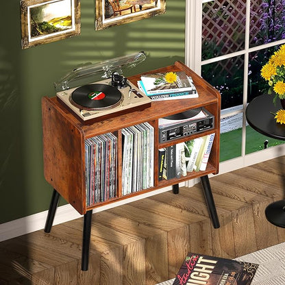 Record Player Table, Mid-Century Record Player Stand with Vinyl Storage Hold Up to 150+ Albums, Vinyl Record Cabinet with Adjustable Shelves, Wood Turntable Stand for Music Living Room (Brown)
