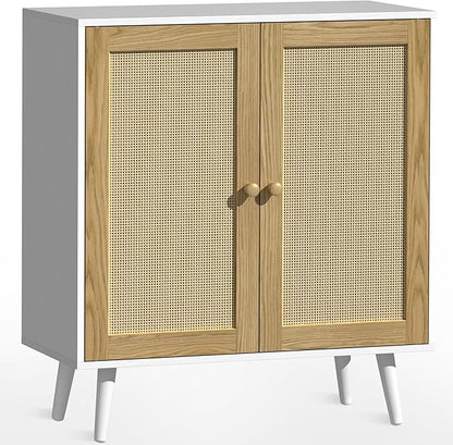 Rattan Storage Cabinet, Small Sideboard Buffets Storage Cabinet with Doors for Kitchen & Entryway Storage, White