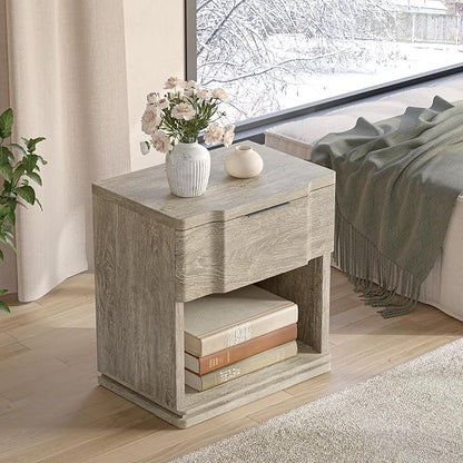 Night Stand with Charging Station, Wooden Mid Century Modern Nightstand with Drawer, Bed Side Table with Storage, Large Rustic Farmhouse End Tables for Bedroom Living Room Office