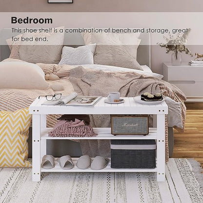 SMIBUY Bamboo Shoe Rack Bench, 3-Tier Shoe Organizer Storage Shelf for Entryway Hallway Bathroom Living Room (White)