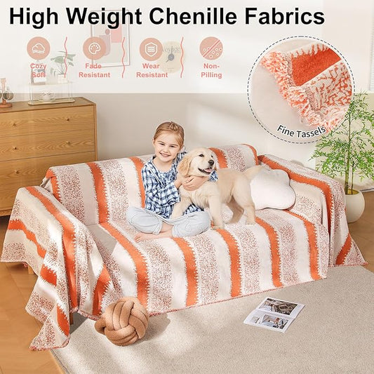 Boho Couch Cover, Sofa Cover, Sofa Covers for 2 Cushion Couch, Washable Sectional Couch Covers for Dogs Pet Furniture Protector Couch Cover Blanket for Living Room (1# Orange, 71" x 102")