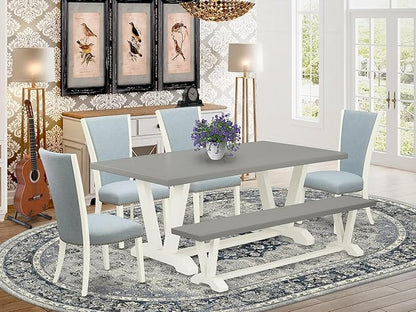 East West Furniture V097VE215-6 6 Piece Kitchen Table Set Contains a Rectangle Dining Table with V-Legs and 4 Baby Blue Linen Fabric Parson Chairs with a Bench, 40x72 Inch, Multi-Color