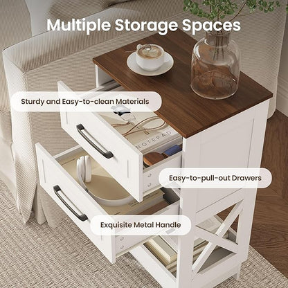 Tall Nightstand Set of 2 Side Table with 2 Drawers Modern Night Stand Wooden Rustic End Table Bedside Table with Below Open Shelf Solid Feet for Bedroom, Living Room, White+Walnut