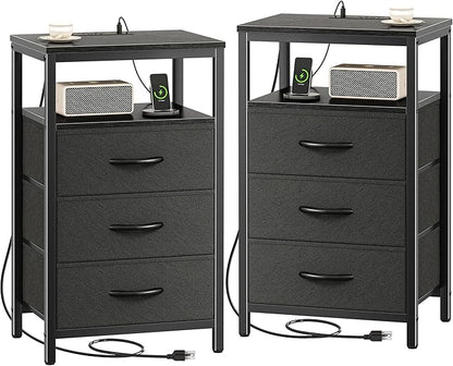 Huuger Nightstands Set of 2, 27.6 Inch End Tables with Charging Station, Bed Side Tables with Fabric Drawers, USB-C Port and Outlet, Night Stands for Bedroom, Black