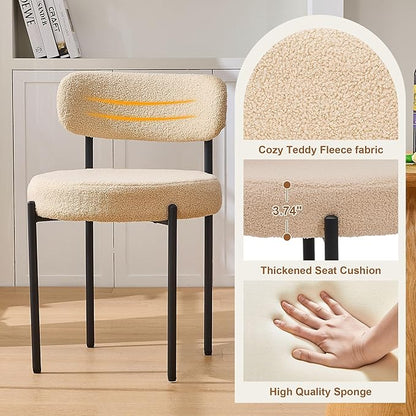Dining Chairs Set of 6, Beige Boucle Dining Chair, Curved Backrest Upholstered Dining Room Chairs with Black Metal Legs, Mid Century Modern Dining Chairs for Kitchen, Living Room, Beige