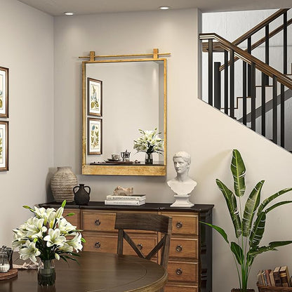 16x24 Inch Rectangle Bathroom Vanity Mirror for Wall Mounted Over Sink Farmhouse Rustic Matte Brushed Gold Barn Door Mirrors Foyer Entryway Decor