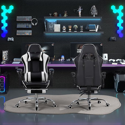 VECELO Ergonomic Gaming Chair with Footrest, Comfy Recliner Computer Chair, Swivel Seat, Height Adjustable, High Back PU Leather, Lumbar Support, Headrest for Adults, Black