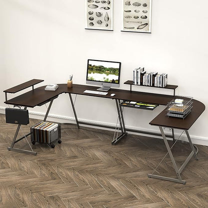 SHW 51 x 51 Inches Vista L-Shaped Desk with Monitor Stand and Drawer, Espresso