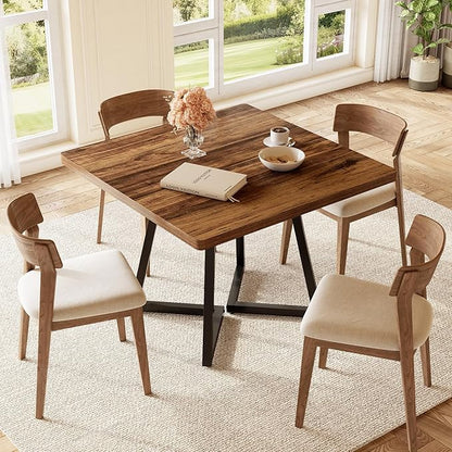 LITTLE TREE 31.5 Inches Small Dining Table for 4, Square Dinner Table for Small Space, Dining Room Tables, Rustic Brown Wooden Kitchen Table with Metal Legs, Modern Leisure Cafe Table for Apartment