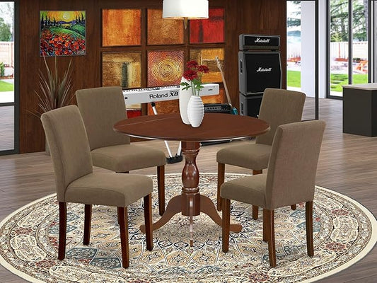 East West Furniture DMAB5-MAH-18 5 Piece Modern Dining Table Set Includes a Round Wooden Table with Dropleaf and 4 Coffee Linen Fabric Upholstered Chairs, 42x42 Inch, Mahogany
