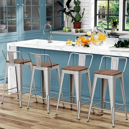 WENTMENT Bar Stools Set of 4 Counter Height Stools with Removable Back 26" Kitchen Bar Stools with Wooden Seat, Silver