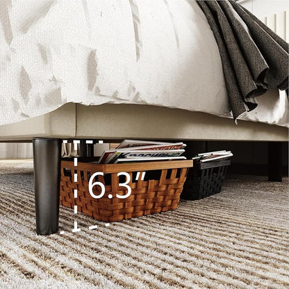 King Size Bed Frame with Velvet Upholstered Headboard, Platform Bed with Strong Wood Slats, Mattress Foundation, Box Spring Optional, Easy Assembly, Beige