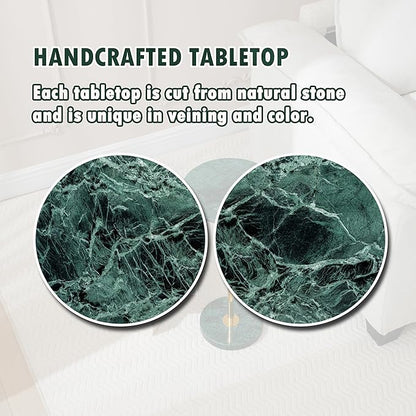 Φ9.8-inch Marble Round Drink Table, Stone Finish Pedestal End Table for Living Room, Weighted Base Small Accent Side Table for Small Space - Emerald Green