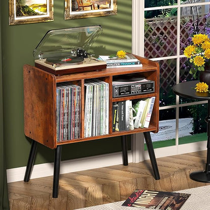 Record Player Table, Mid-Century Record Player Stand with Vinyl Storage Hold Up to 150+ Albums, Vinyl Record Cabinet with Adjustable Shelves, Wood Turntable Stand for Music Living Room (Brown)