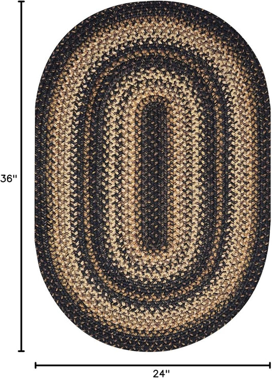 Kilimanjaro Black and Tan Oval Braided Rug, 2x3' - Handmade with Jute, Warm Primitive Decor, Perfect for Bathrooms and Entryways - Reversible and Easy to Clean