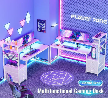 PRAISUN 61.7" Gaming Desk with LED Lights & Outlets, Computer Desk with 3 Fabric Drawers, PC Desk with PC Case Stand & Movable Storage Shelves, Monitor Stand, Reversible, White