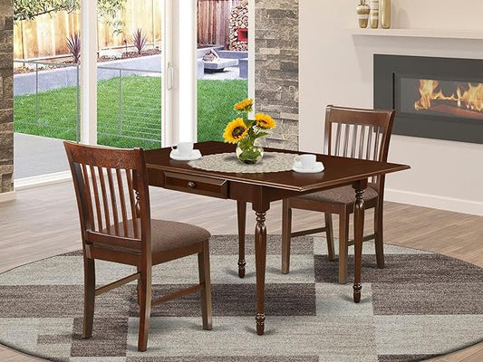 East West Furniture MZNO3-MAH-C 3 Piece Dinette Set for Small Spaces Contains a Rectangle Dining Table with Dropleaf and 2 Linen Fabric Dining Room Chairs, 36x54 Inch, Mahogany
